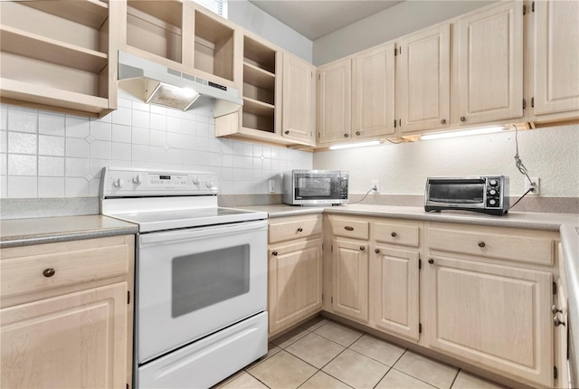 1825 Shadow View Cir Unit 1825, Maitland, FL 32751 - kitchen featuring white electric range oven, open shelves, under cabinet range hood, and stainless steel microwave