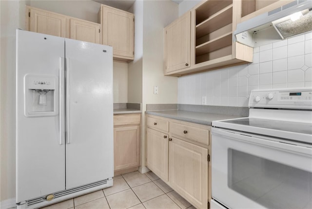 1825 Shadow View Cir Unit 1825, Maitland, FL 32751 - kitchen with white appliances, under cabinet range hood, light brown cabinets, tasteful backsplash, and light countertops