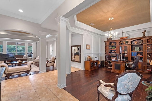 25554 Hawks Run Ln, Sorrento, FL 32776 - office area with ornate columns, a chandelier, ornamental molding, tile patterned flooring, and recessed lighting