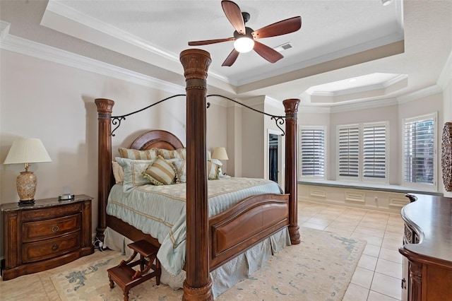 25554 Hawks Run Ln, Sorrento, FL 32776 - bedroom featuring a raised ceiling, ornamental molding, light tile patterned floors, and a ceiling fan