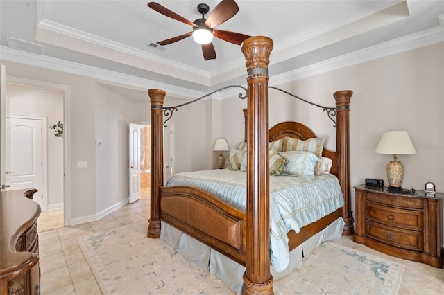 25554 Hawks Run Ln, Sorrento, FL 32776 - bedroom featuring a raised ceiling, crown molding, light tile patterned flooring, and ceiling fan
