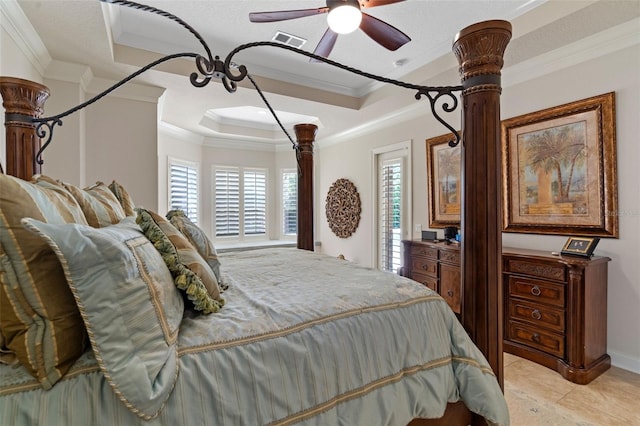 25554 Hawks Run Ln, Sorrento, FL 32776 - bedroom featuring ornamental molding, a raised ceiling, ceiling fan, and light tile patterned flooring