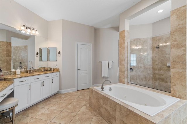 25554 Hawks Run Ln, Sorrento, FL 32776 - full bathroom featuring a whirlpool tub, vanity, tile patterned floors, and a tile shower