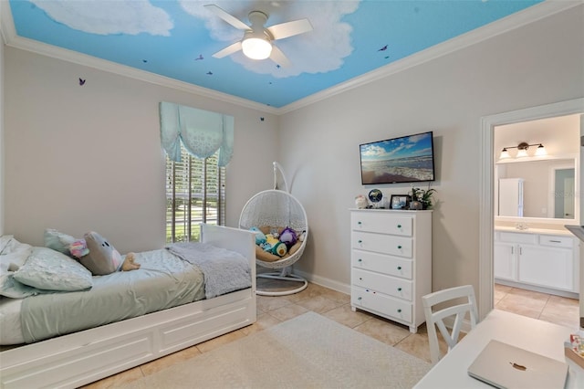 25554 Hawks Run Ln, Sorrento, FL 32776 - bedroom with light tile patterned flooring, crown molding, connected bathroom, and a ceiling fan