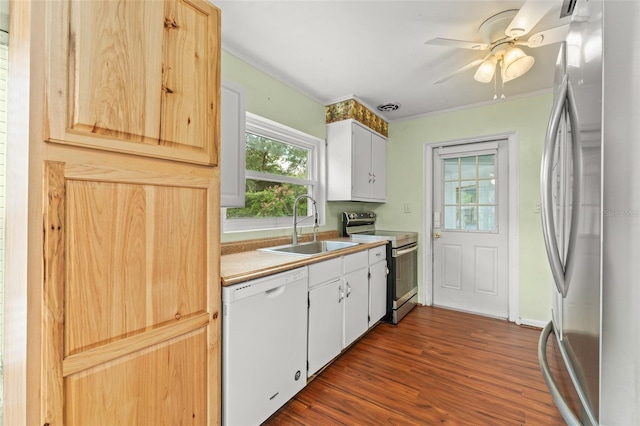 2538 Meadowview Ln, Deland, FL 32720 - kitchen with appliances with stainless steel finishes, dark wood-style floors, ceiling fan, ornamental molding, and light countertops