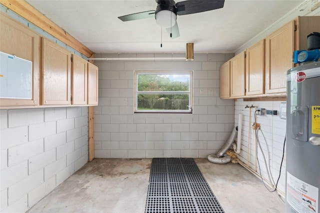 2538 Meadowview Ln, Deland, FL 32720 - below grade area with water heater, a ceiling fan, and concrete block wall