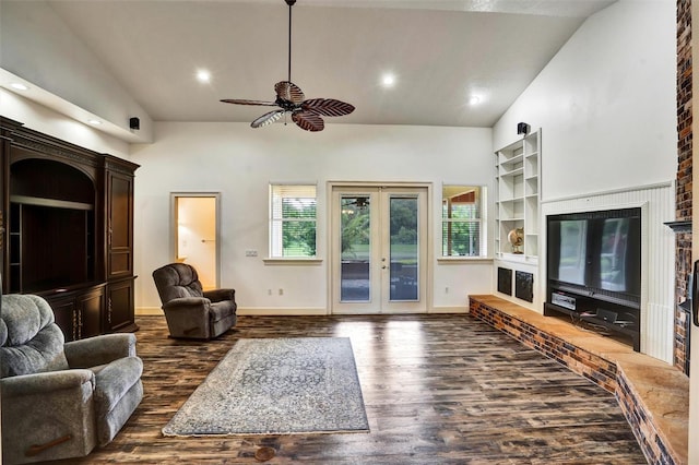 205 Trail Bridge Ct, Winter Garden, FL 34787 - living room featuring ceiling fan, dark wood-style floors, recessed lighting, french doors, and high vaulted ceiling