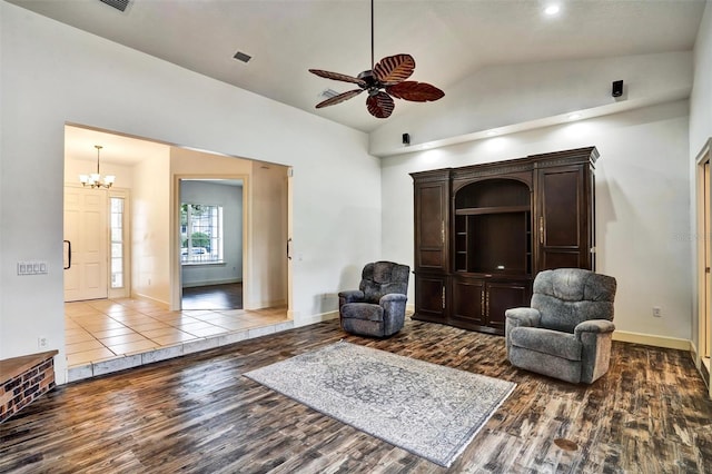 205 Trail Bridge Ct, Winter Garden, FL 34787 - sitting room with wood finished floors, lofted ceiling, ceiling fan, and a chandelier