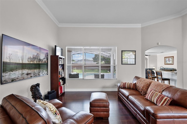 3711 Half Moon Dr, Orlando, FL 32812 - living room with crown molding, arched walkways, and dark wood-type flooring