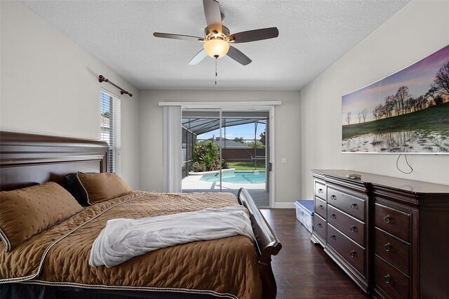 3711 Half Moon Dr, Orlando, FL 32812 - bedroom with access to exterior, dark wood-type flooring, multiple windows, a textured ceiling, and a ceiling fan