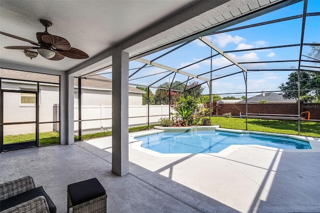 3711 Half Moon Dr, Orlando, FL 32812 - view of swimming pool featuring a fenced backyard, a patio, a ceiling fan, and a lanai