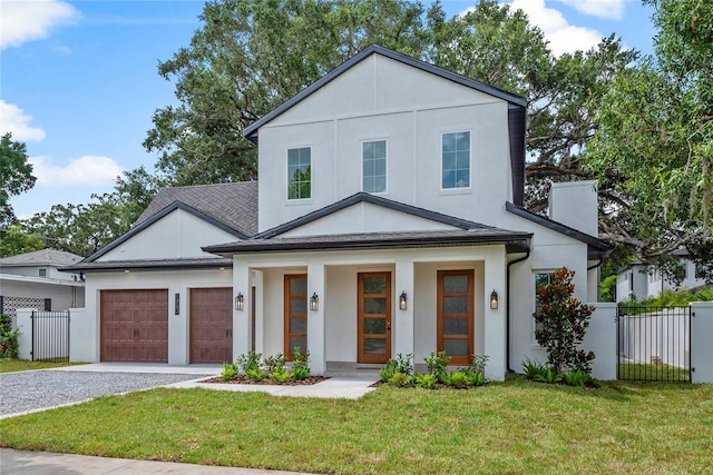 1780 Mizell Ave, Winter Park, FL 32789 - view of front of house with gravel driveway, stucco siding, an attached garage, covered porch, and a shingled roof