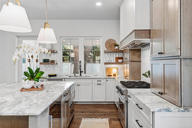 1780 Mizell Ave, Winter Park, FL 32789 - kitchen with stainless steel appliances, open shelves, dark wood-style floors, decorative backsplash, and recessed lighting