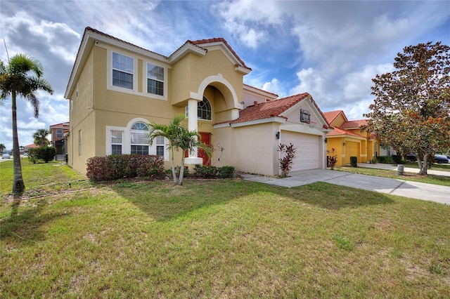 148 Miro Dr, Davenport, FL 33837 - mediterranean / spanish house featuring a tile roof, concrete driveway, an attached garage, and a front yard