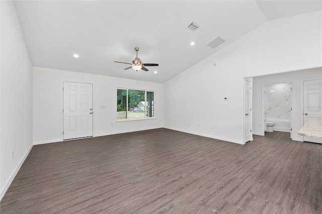654 NE 130th Ct, Silver Springs, FL 34488 - unfurnished living room featuring lofted ceiling, a ceiling fan, dark wood-style flooring, and recessed lighting