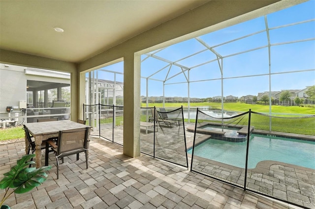 369 Ocean Course Ave, Davenport, FL 33896 - sunroom with a hot tub, a water view, a swimming pool, outdoor dining area, and a residential view