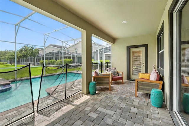 369 Ocean Course Ave, Davenport, FL 33896 - view of swimming pool with a patio, a yard, a lanai, an outdoor hangout area, and a pool with connected hot tub