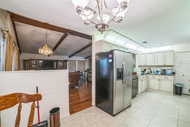 4799 Lighthouse Rd, Orlando, FL 32808 - kitchen featuring stainless steel appliances, a chandelier, hanging light fixtures, beam ceiling, and light tile patterned floors