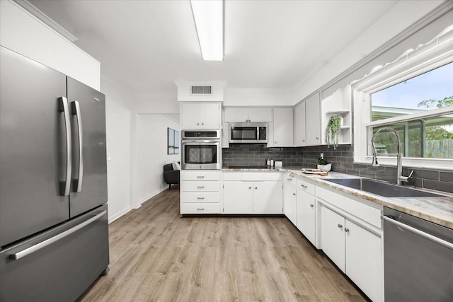 1505 N Lake Mirror Dr NW, Winter Haven, FL 33881 - kitchen featuring stainless steel appliances, light wood-style floors, decorative backsplash, open shelves, and white cabinets