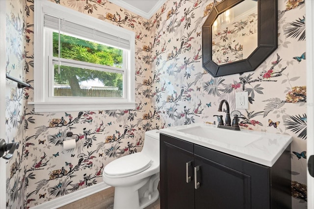 1505 N Lake Mirror Dr NW, Winter Haven, FL 33881 - half bath featuring wallpapered walls, ornamental molding, and vanity