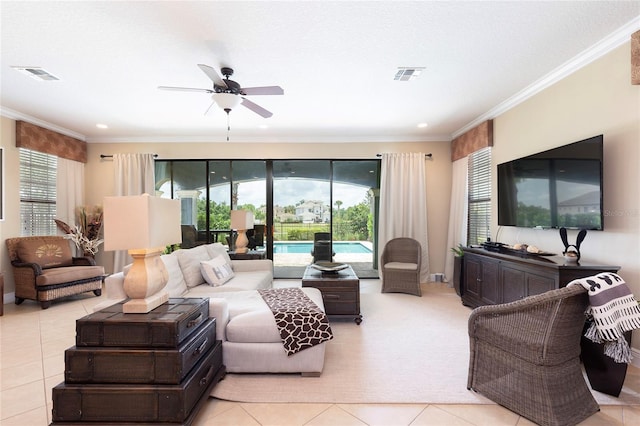 1156 Castle Pines Ct, Reunion, FL 34747 - living room with a ceiling fan, light tile patterned floors, ornamental molding, and recessed lighting