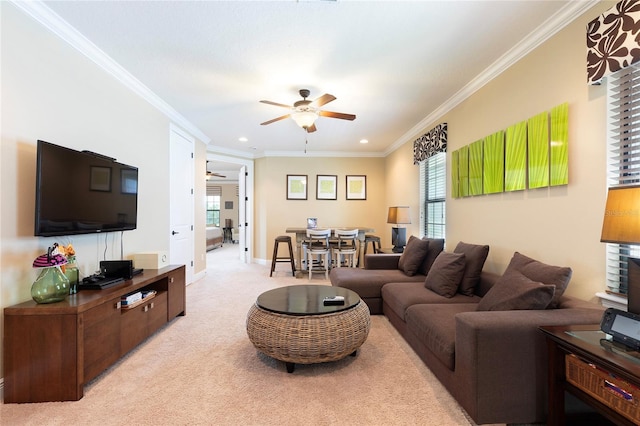 1156 Castle Pines Ct, Reunion, FL 34747 - living room featuring ceiling fan, ornamental molding, light colored carpet, and recessed lighting