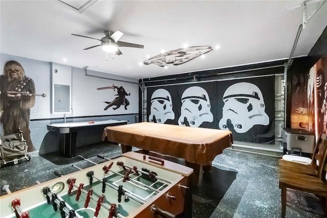 165 Scrub Jay Way, Davenport, FL 33896 - recreation room featuring electric panel, pool table, concrete block wall, and ceiling fan