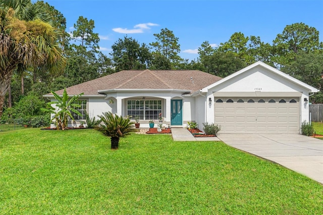 15364 Mount Sparrow Rd, Weeki Wachee, FL 34614 - ranch-style home with driveway, a front lawn, stucco siding, a garage, and a shingled roof
