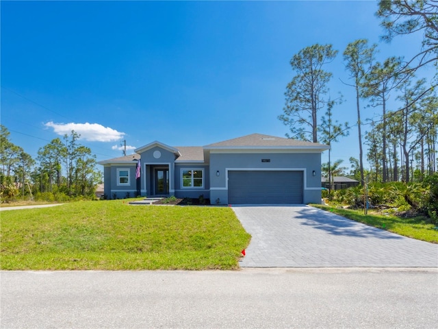 14073 Naylor Ave, Port Charlotte, FL 33981 - ranch-style house with stucco siding, decorative driveway, a garage, and a front lawn