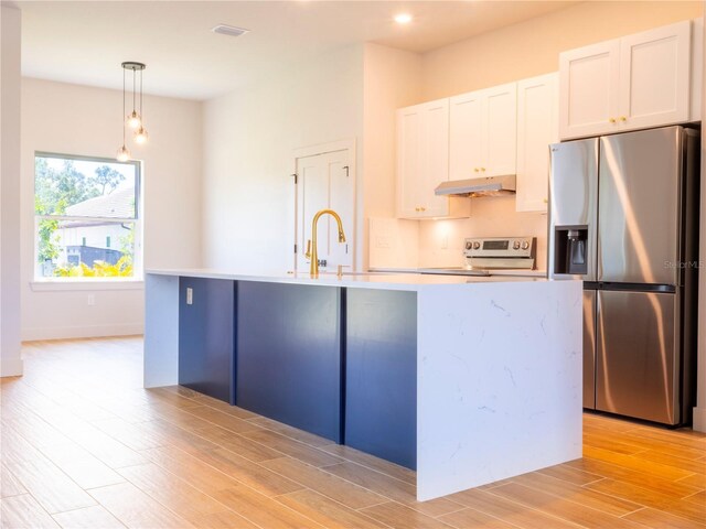14073 Naylor Ave, Port Charlotte, FL 33981 - kitchen featuring stainless steel fridge with ice dispenser, electric range oven, under cabinet range hood, decorative light fixtures, and light countertops