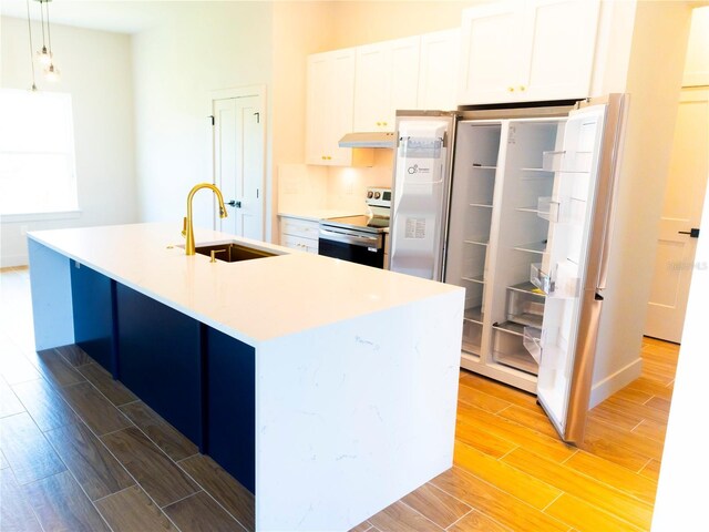 14073 Naylor Ave, Port Charlotte, FL 33981 - kitchen featuring stainless steel range with electric cooktop, wood tiled floors, white cabinetry, and under cabinet range hood
