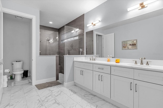 7454 Gathering Dr, Reunion, FL 34747 - bathroom featuring double vanity, marble look tile flooring, a walk in shower, and recessed lighting