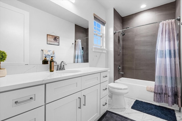 7454 Gathering Dr, Reunion, FL 34747 - full bathroom with vanity, shower / bath combination with curtain, marble finish floors, and recessed lighting