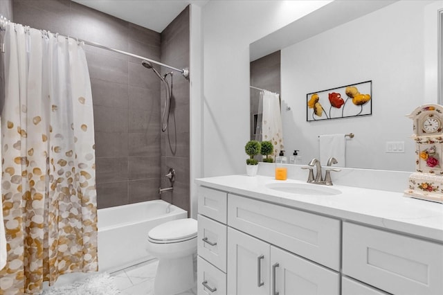 7454 Gathering Dr, Reunion, FL 34747 - bathroom featuring vanity, shower / bathtub combination with curtain, and marble finish flooring