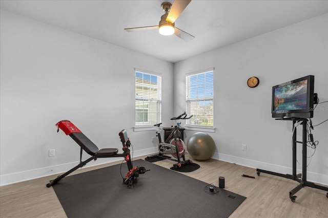 7454 Gathering Dr, Reunion, FL 34747 - workout room with wood finished floors and ceiling fan