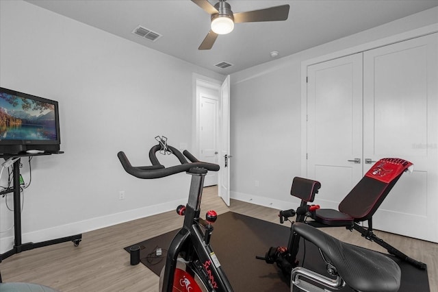 7454 Gathering Dr, Reunion, FL 34747 - workout room with ceiling fan and wood finished floors