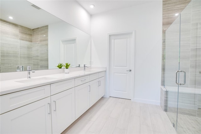 11687 SW Viridian Blvd, Port St Lucie, FL 34987 - full bath with double vanity, a shower stall, and recessed lighting