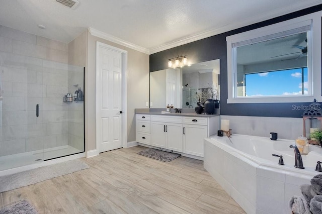 15787 Tangerine Dream Ct, Winter Garden, FL 34787 - bathroom with vanity, a bath, a stall shower, wood finished floors, and crown molding