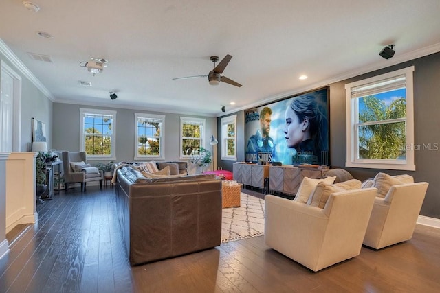 15787 Tangerine Dream Ct, Winter Garden, FL 34787 - living room with crown molding, hardwood / wood-style flooring, ceiling fan, and recessed lighting
