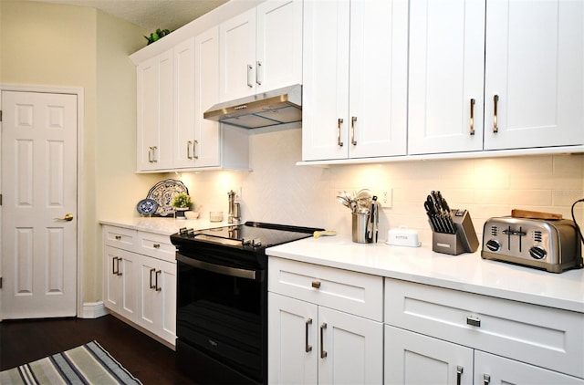 436 Skyview Pl, Chuluota, FL 32766 - kitchen featuring under cabinet range hood, black range with electric stovetop, decorative backsplash, and light countertops