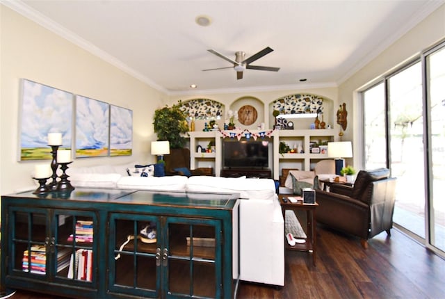 436 Skyview Pl, Chuluota, FL 32766 - living area featuring wood finished floors, a ceiling fan, and ornamental molding
