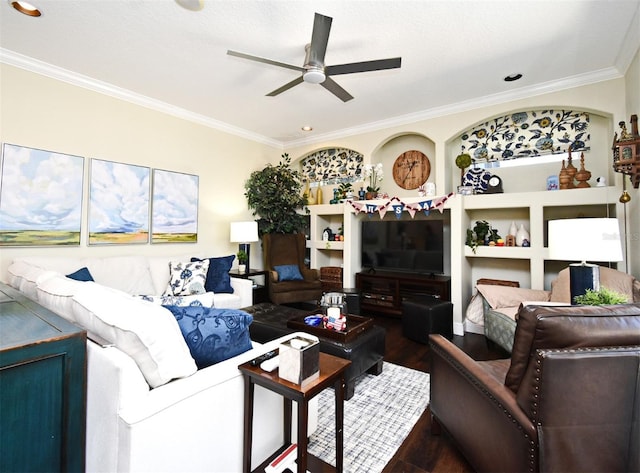 436 Skyview Pl, Chuluota, FL 32766 - living area with crown molding, ceiling fan, wood finished floors, and recessed lighting