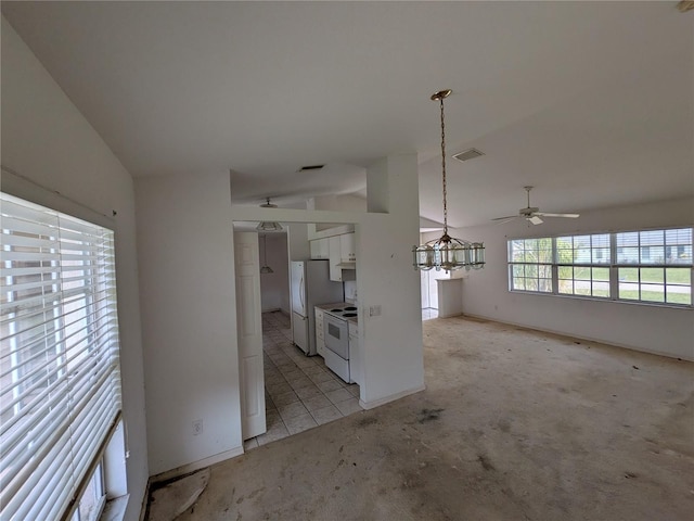 1140 Belmar Ave, Port Charlotte, FL 33948 - unfurnished living room featuring light carpet, vaulted ceiling, ceiling fan, and a chandelier