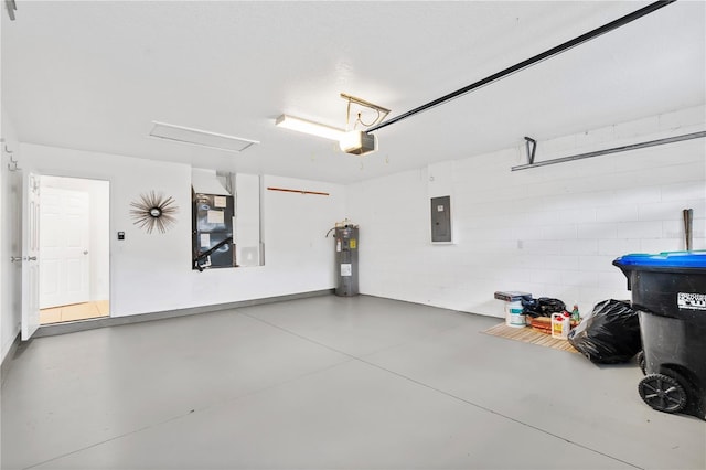9003 Pecky Cypress Way, Orlando, FL 32836 - garage featuring a garage door opener, electric panel, electric water heater, heating unit, and concrete block wall