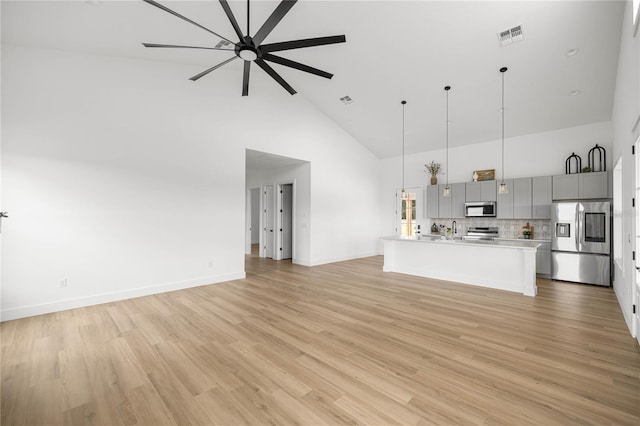 2212 SW 210th Ave, Dunnellon, FL 34431 - unfurnished living room featuring high vaulted ceiling, a ceiling fan, and light wood-type flooring