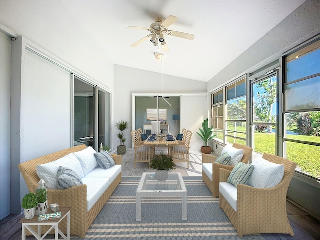 142 Broadmoor Ln, Rotonda West, FL 33947 - sunroom / solarium featuring lofted ceiling, ceiling fan, and outdoor lounge area