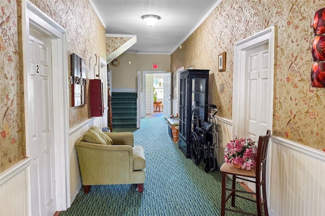 430 W Minnehaha Ave, Clermont, FL 34711 - carpeted living room featuring crown molding, wainscoting, wallpapered walls, and stairs