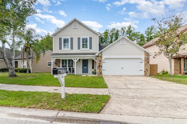 1033 Mccully Ct, Oviedo, FL 32765 - traditional home with an attached garage, stone siding, a front lawn, and concrete driveway
