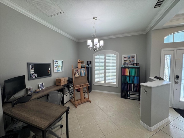 1884 Coconut Palm Cir, North Port, FL 34288 - home office featuring ornamental molding, light tile patterned floors, and a chandelier