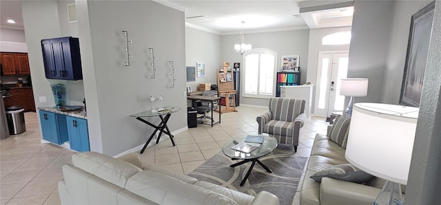 1884 Coconut Palm Cir, North Port, FL 34288 - living room featuring light tile patterned flooring, a chandelier, ornamental molding, and recessed lighting